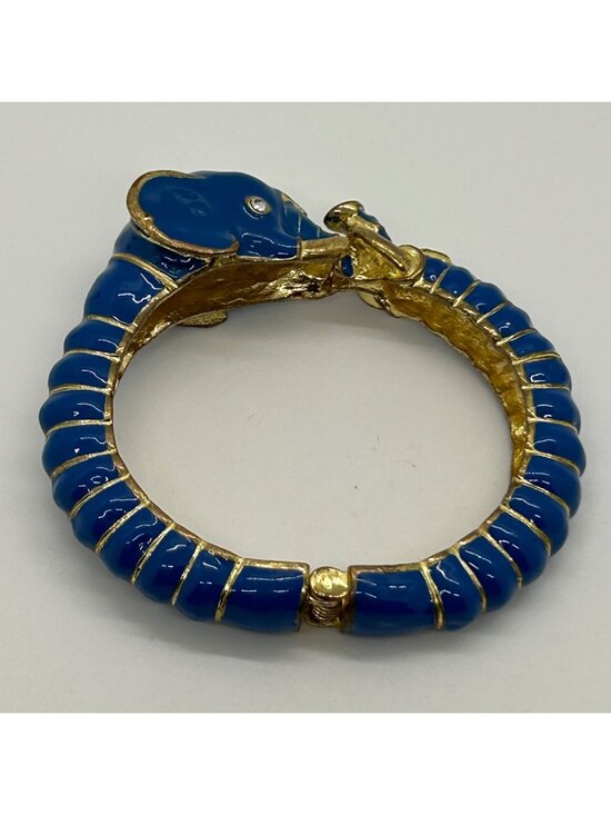 Estate Jewelry - Vintage Enamel Gold-Tone Hinged Teal Blue Elephant Clamper Bangle Bracelet Rhine